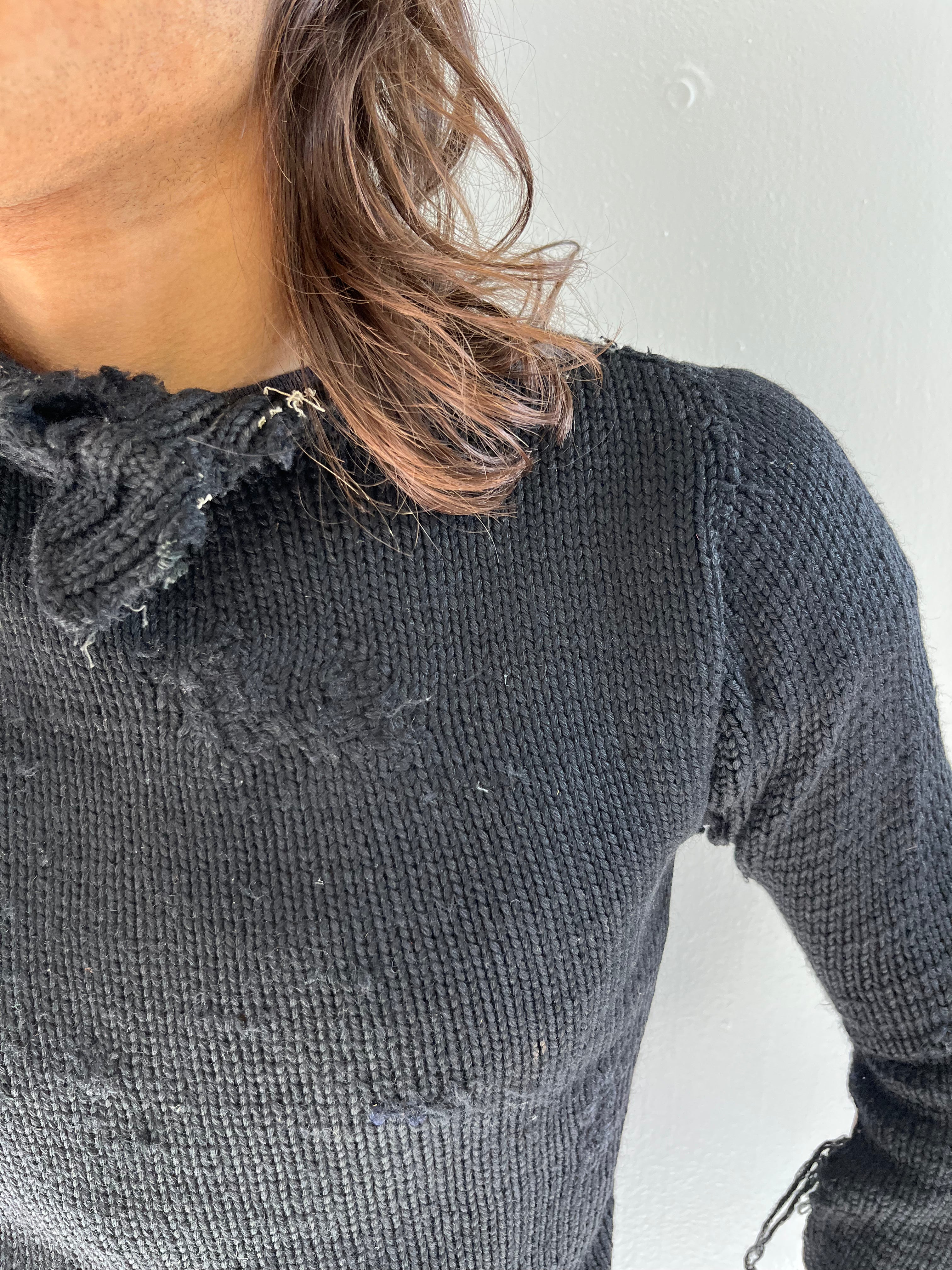 1920s Thrashed & Repaired Black Knit Sweater - Black - S