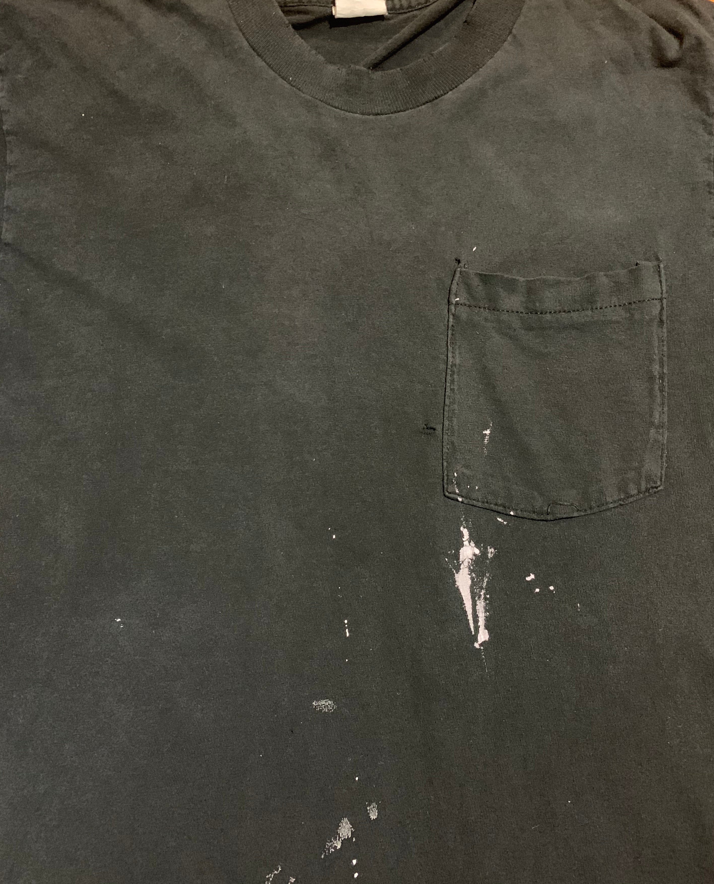 Faded Black Pocket T-Shirt with White Paint - L