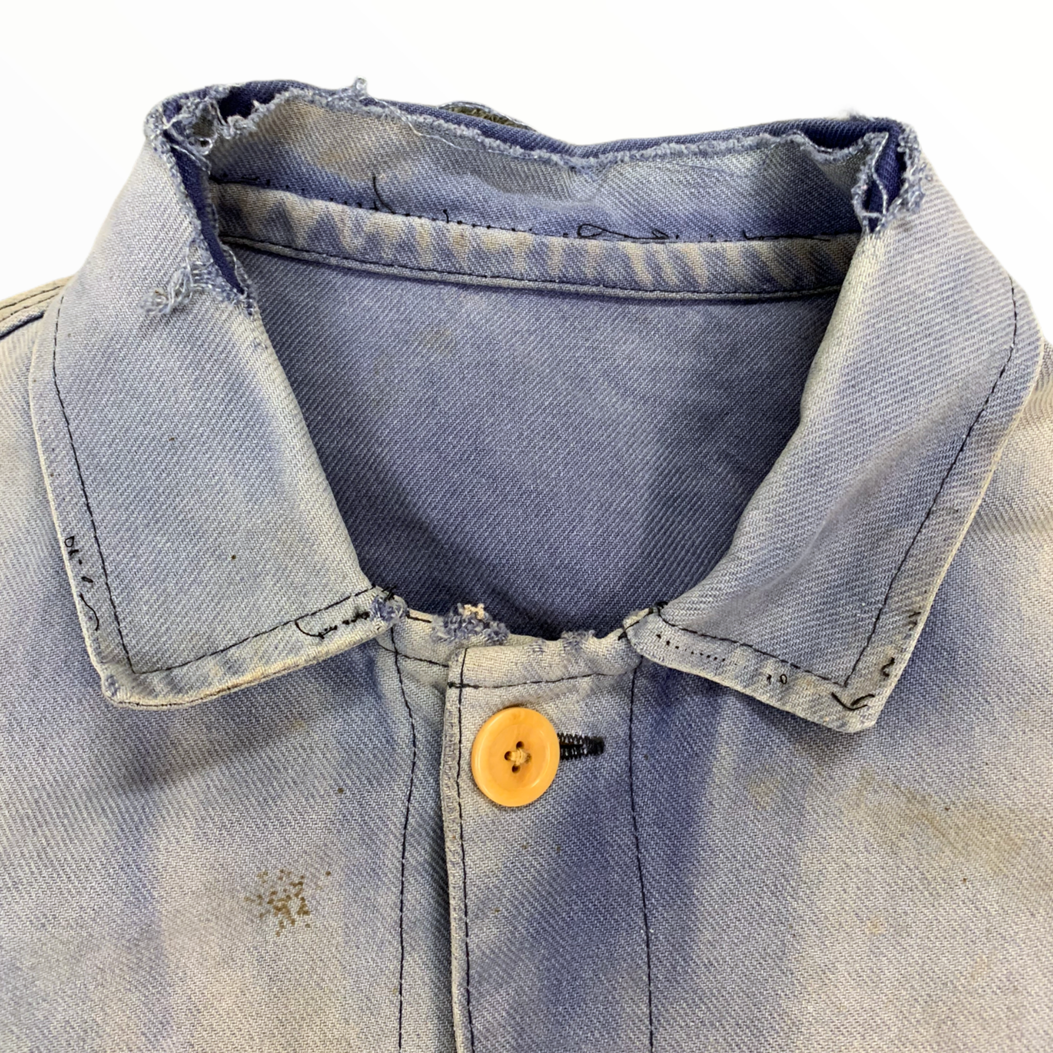 Sun Bleached French Moleskin Work Jacket with Mismatched Buttons - Dirty Wash Blue - S/M