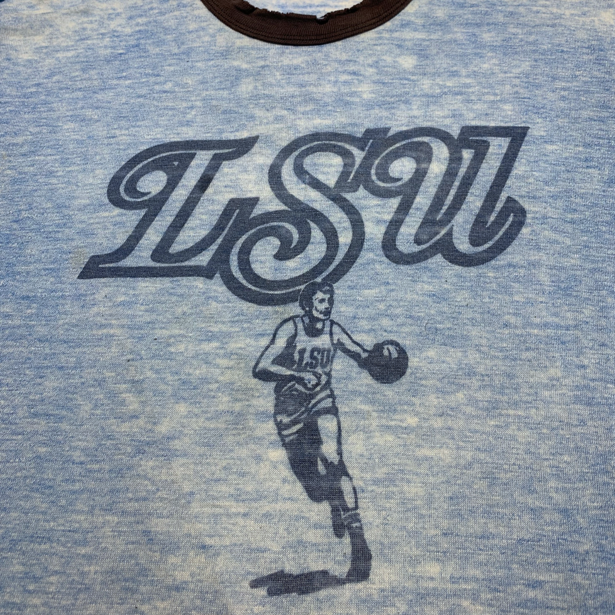 70s LSU Basketball Ringer T-Shirt Incredible Wear - Baby Blue/Faded Navy - M/L
