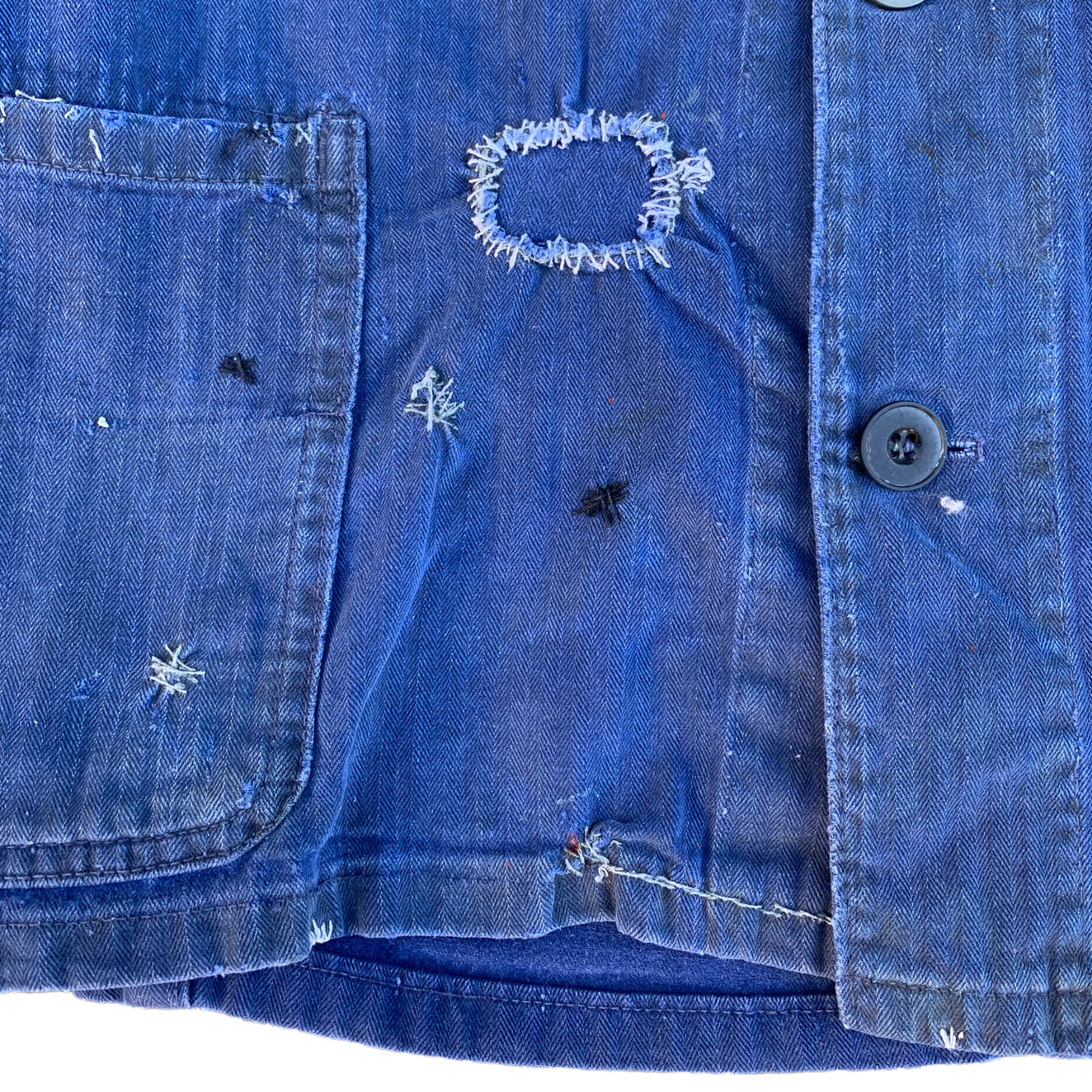 1950s Sashiko Repaired HBT Bleu De Travail French Chore Jacket - Faded Indigo Blue - S/M