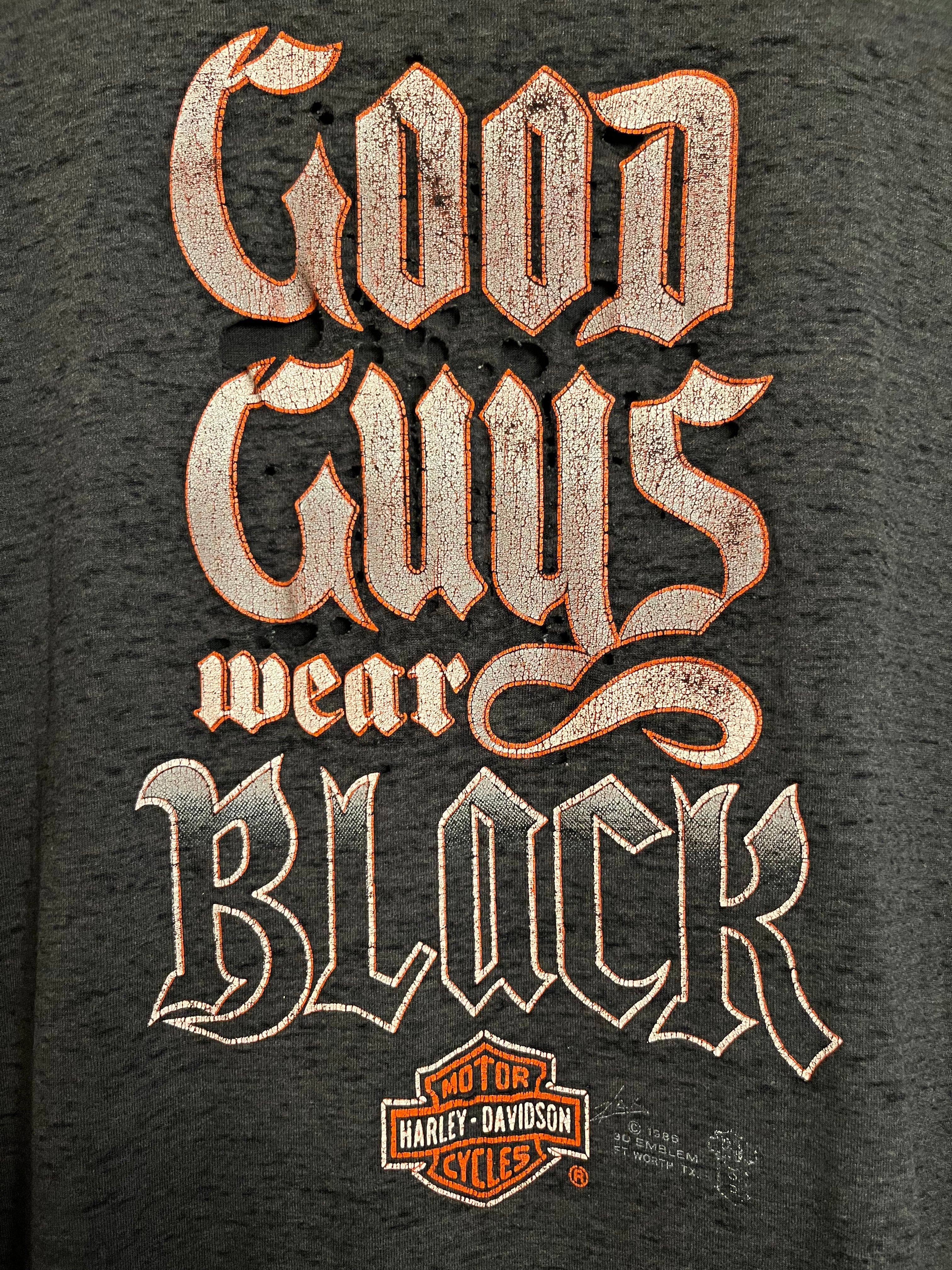 1989 Good Guys Wear Black Harley-Davidson Distressed T-Shirt - Faded Black - XL
