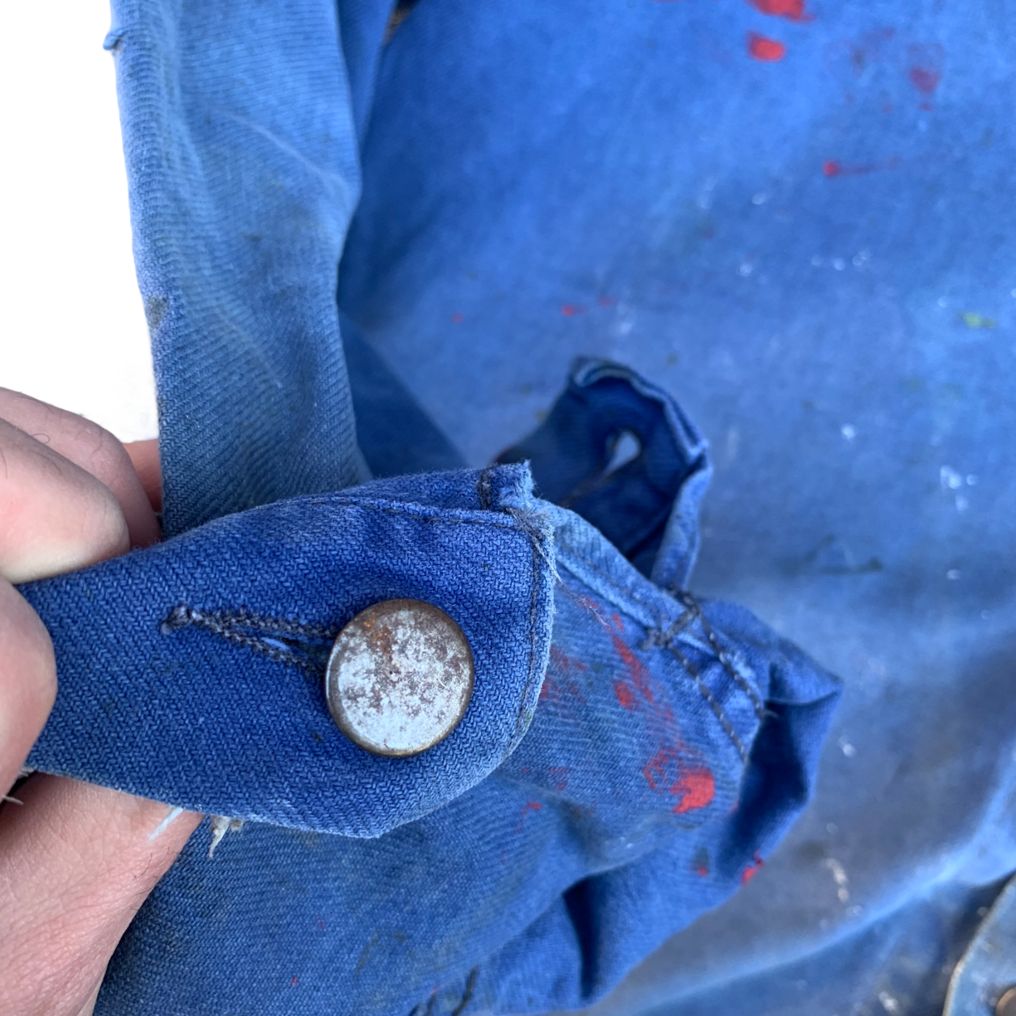 1970s French Work Jacket with Metal Buttons, Embroidered Logo, and Paint Distressing - Faded Blue - L/XL