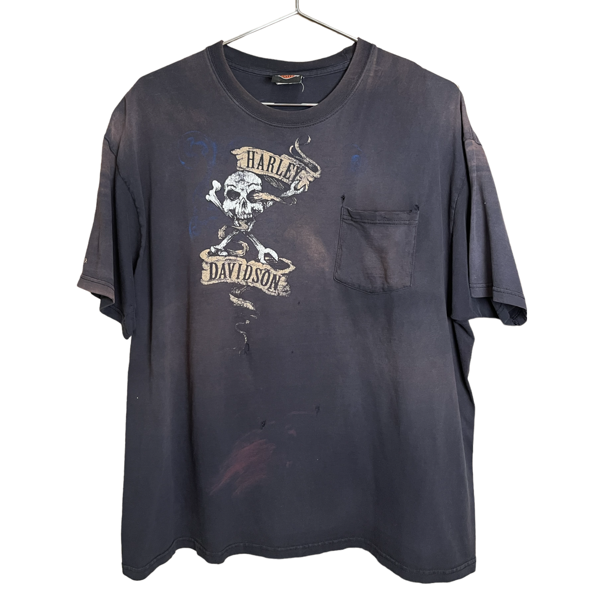 Harley-Davidson Skull Distressed Biker Pocket T-Shirt - Faded Black - L/XL