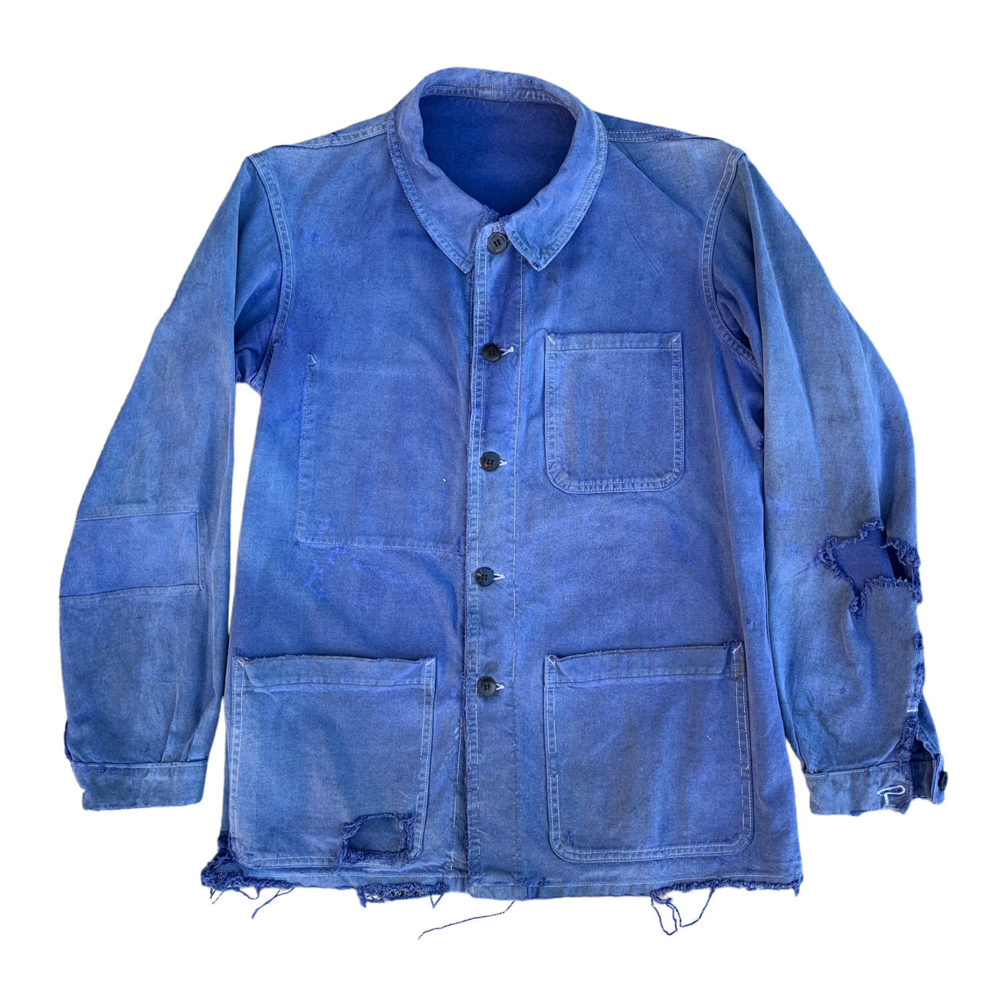 1950s Distressed French Moleskin Work Jacket w/ Contrast Stitching - Faded Blue - L