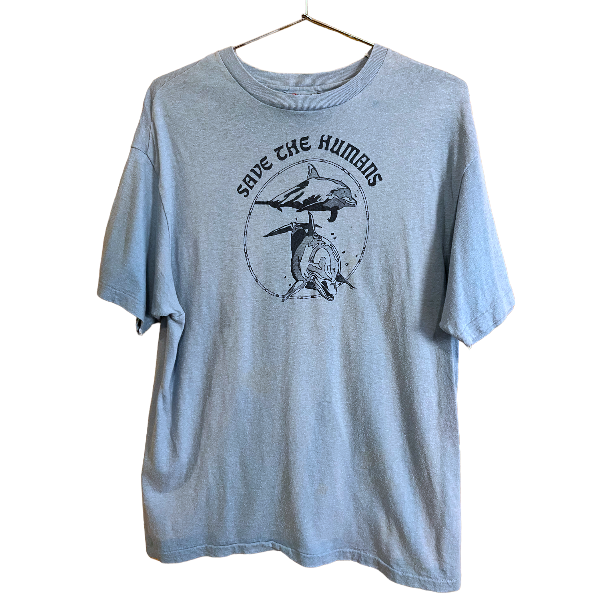 80s Save the Humans Dolphin T-Shirt - Baby Blue - L/XL