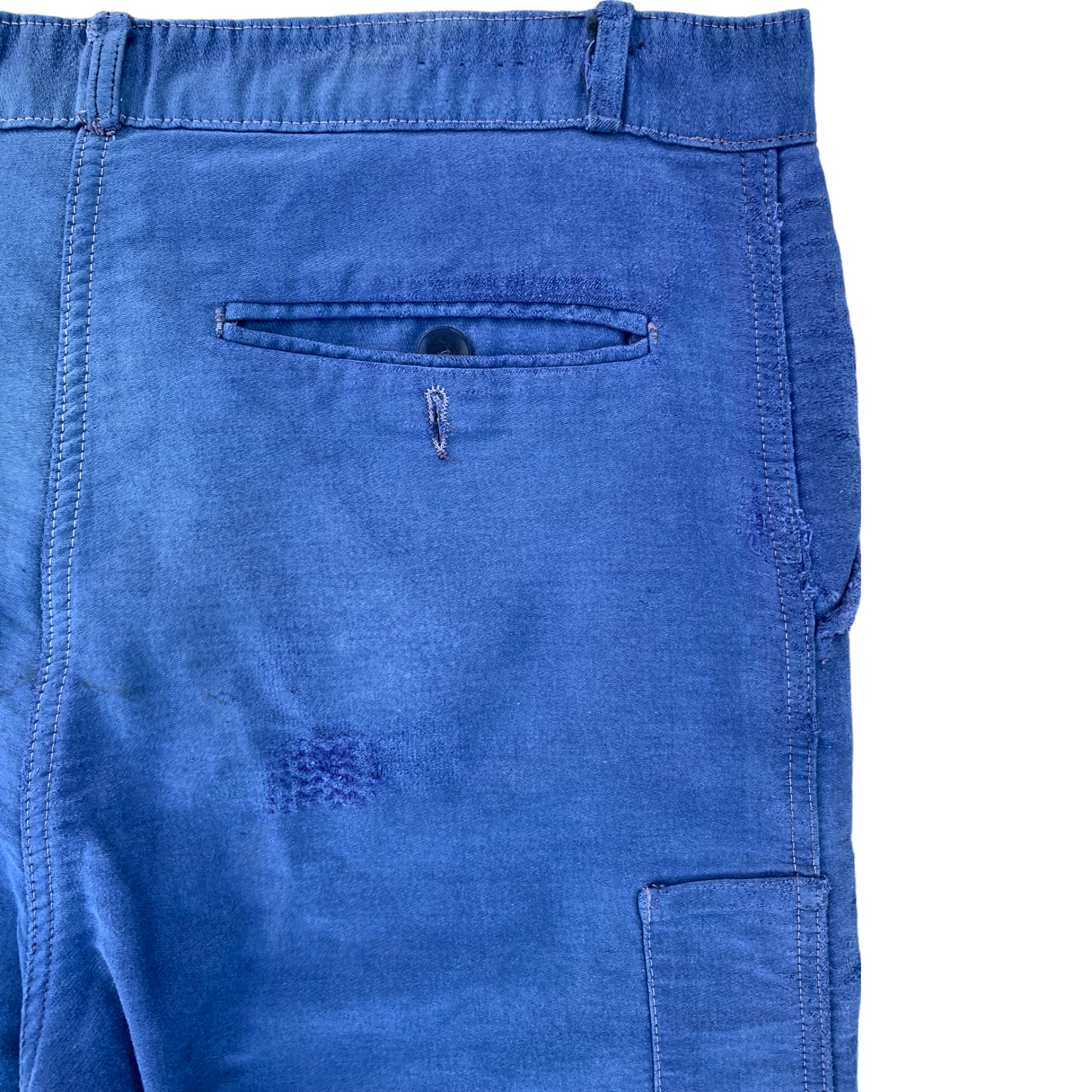 1940s French Moleskin Sashiko Repaired Work Trousers - Shades of Blue - 34x28