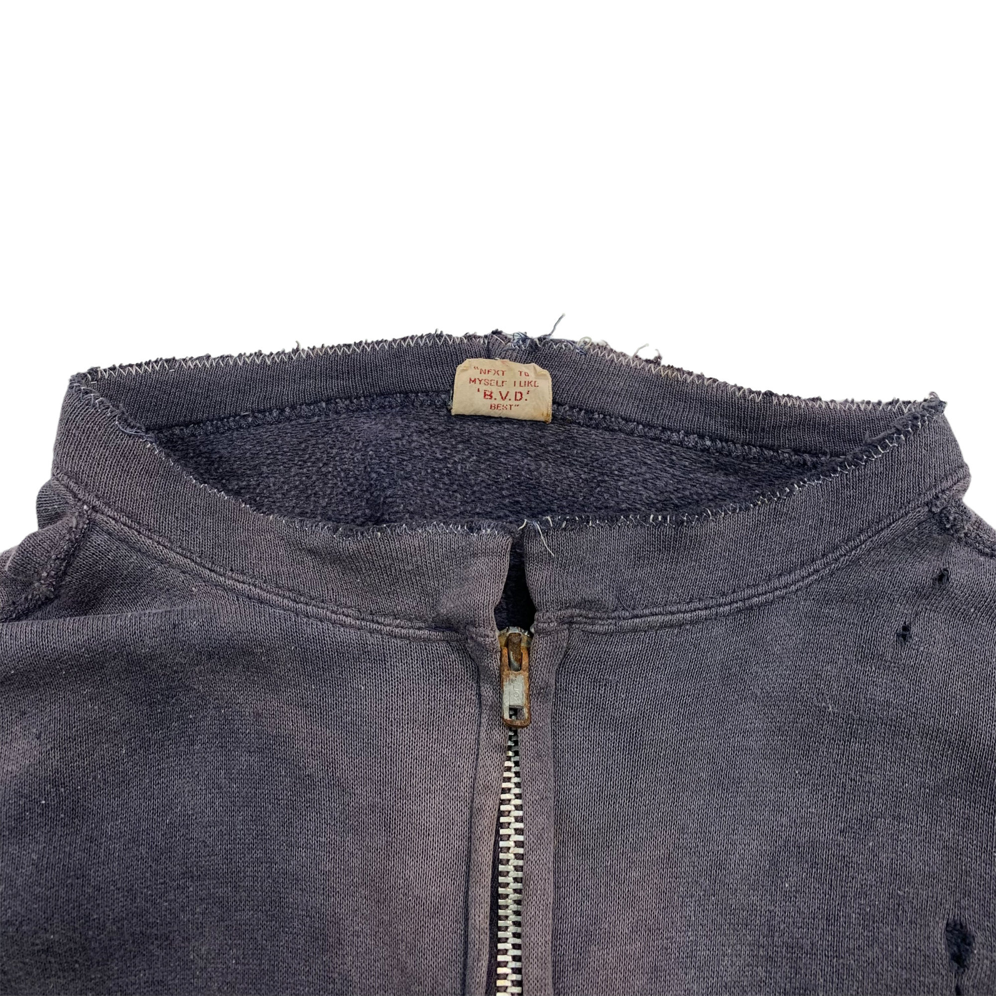 1960s BVD Sun Bleached and Distressed Cut Collar Zip Sweatshirt - Faded Navy - XS/S