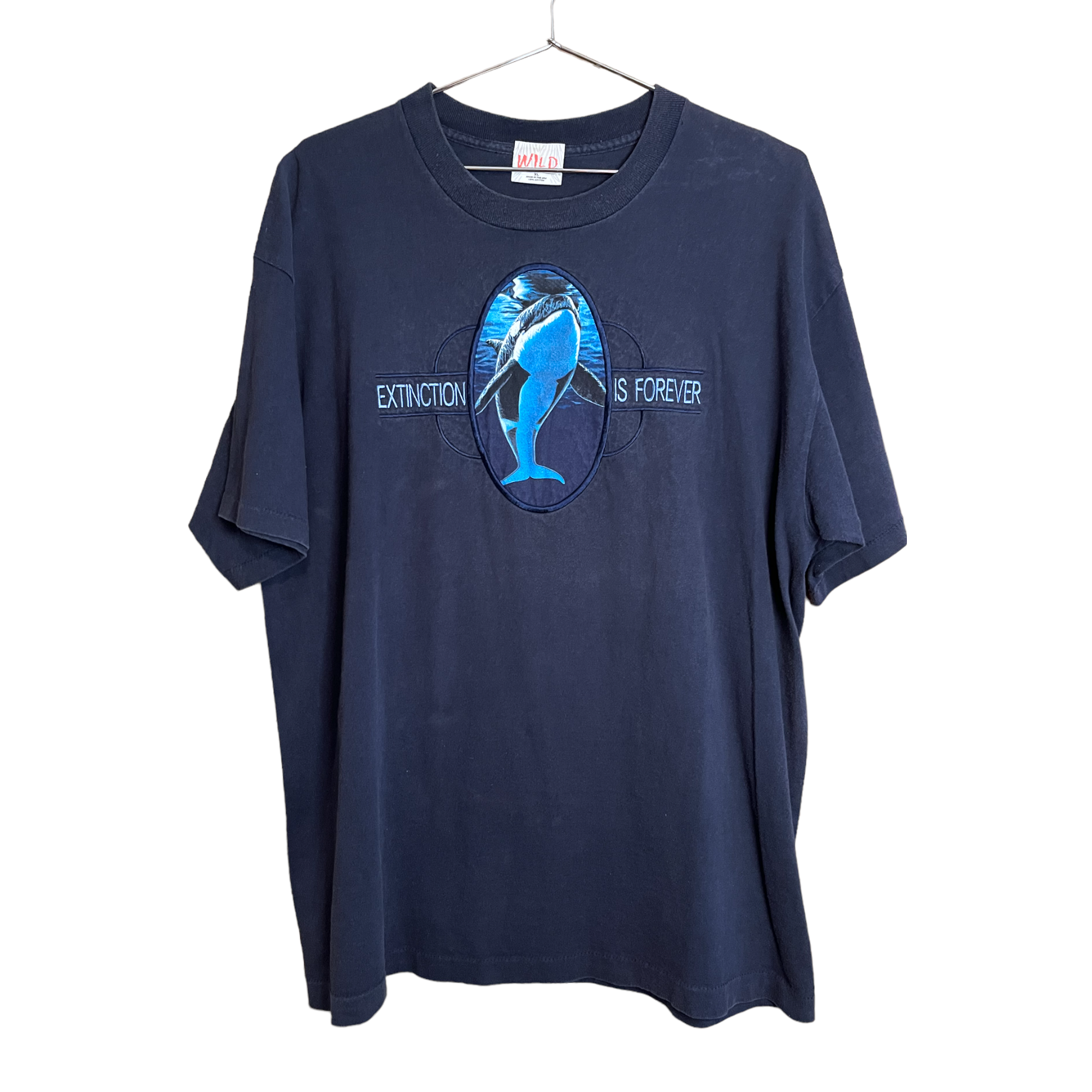 90s 'Extinction is Forever' Orca Whale Embroidered T-Shirt - Navy