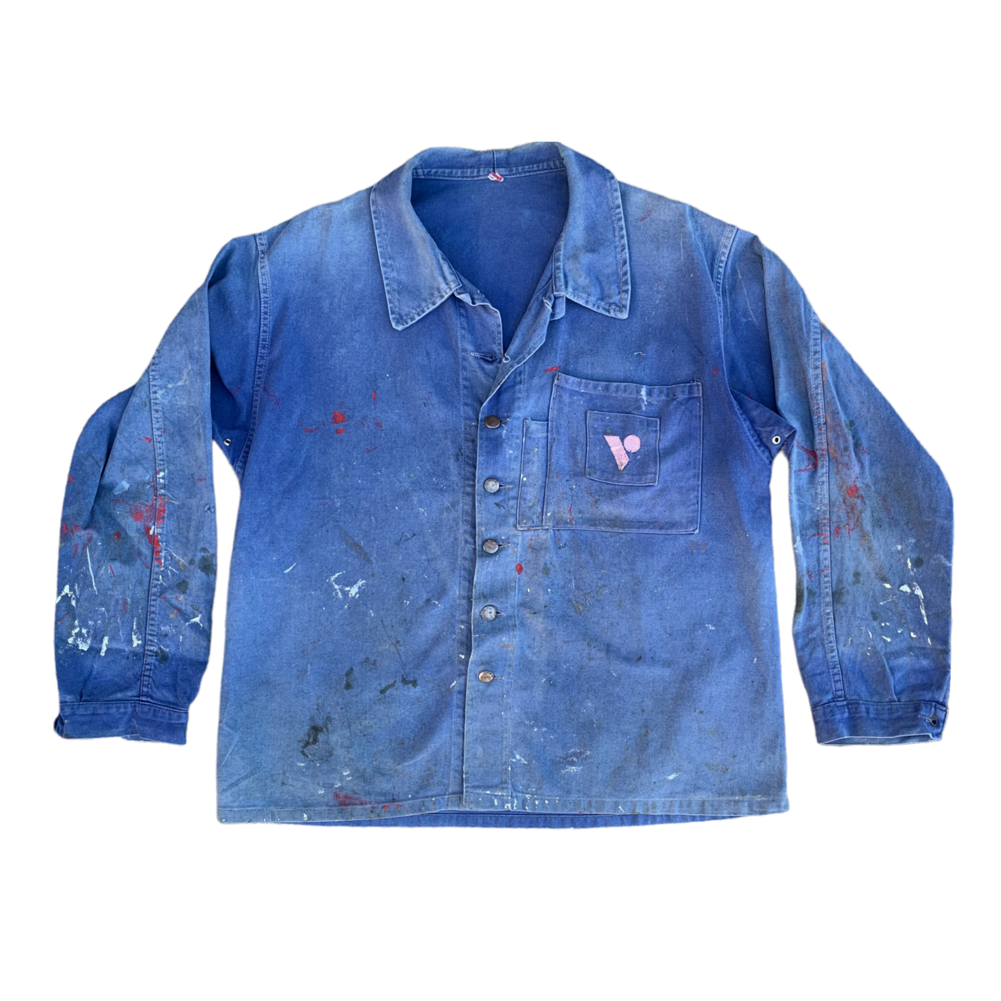 1970s French Work Jacket with Metal Buttons, Embroidered Logo, and Paint Distressing - Faded Blue - L/XL