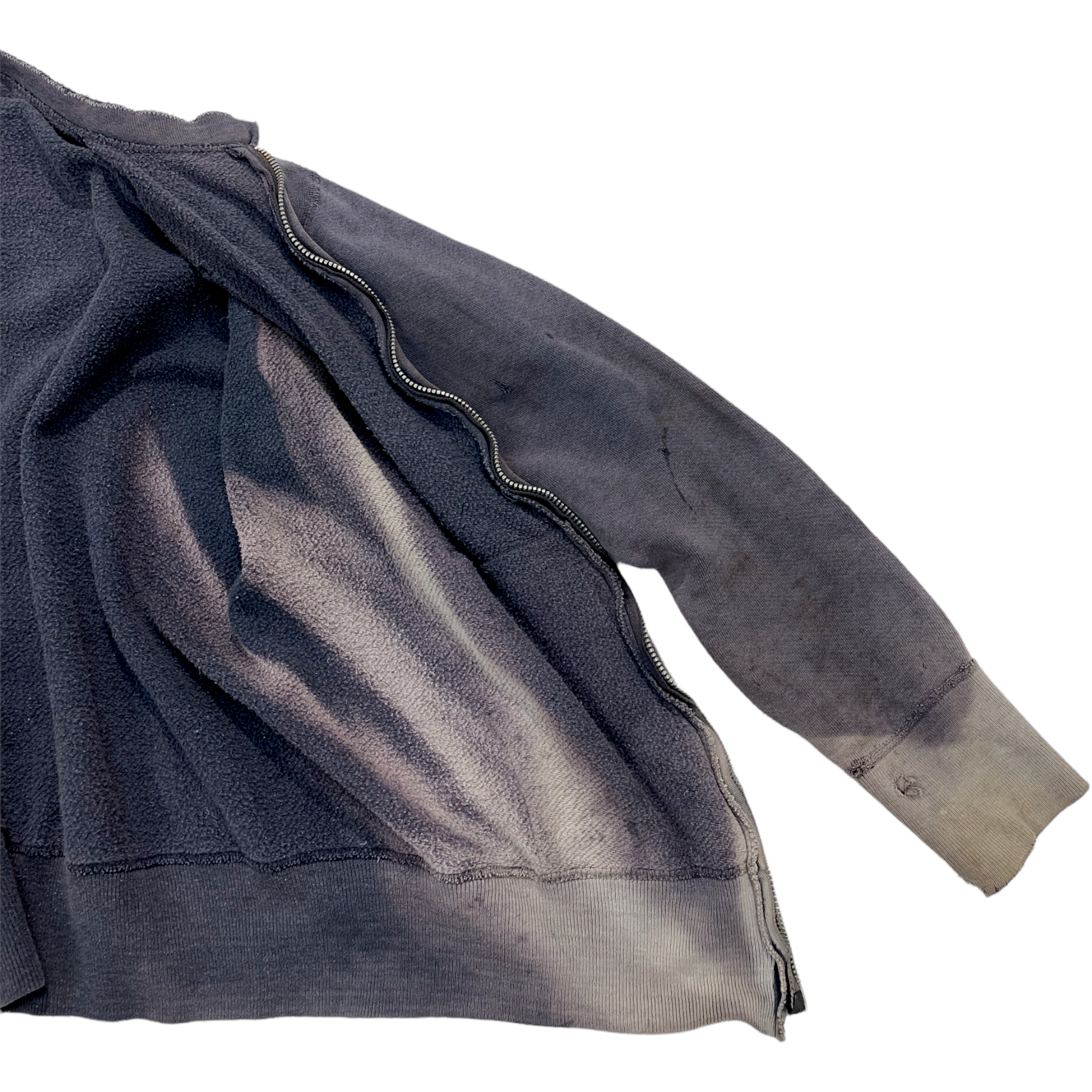 1960s BVD Sun Bleached and Distressed Cut Collar Zip Sweatshirt - Faded Navy - XS/S