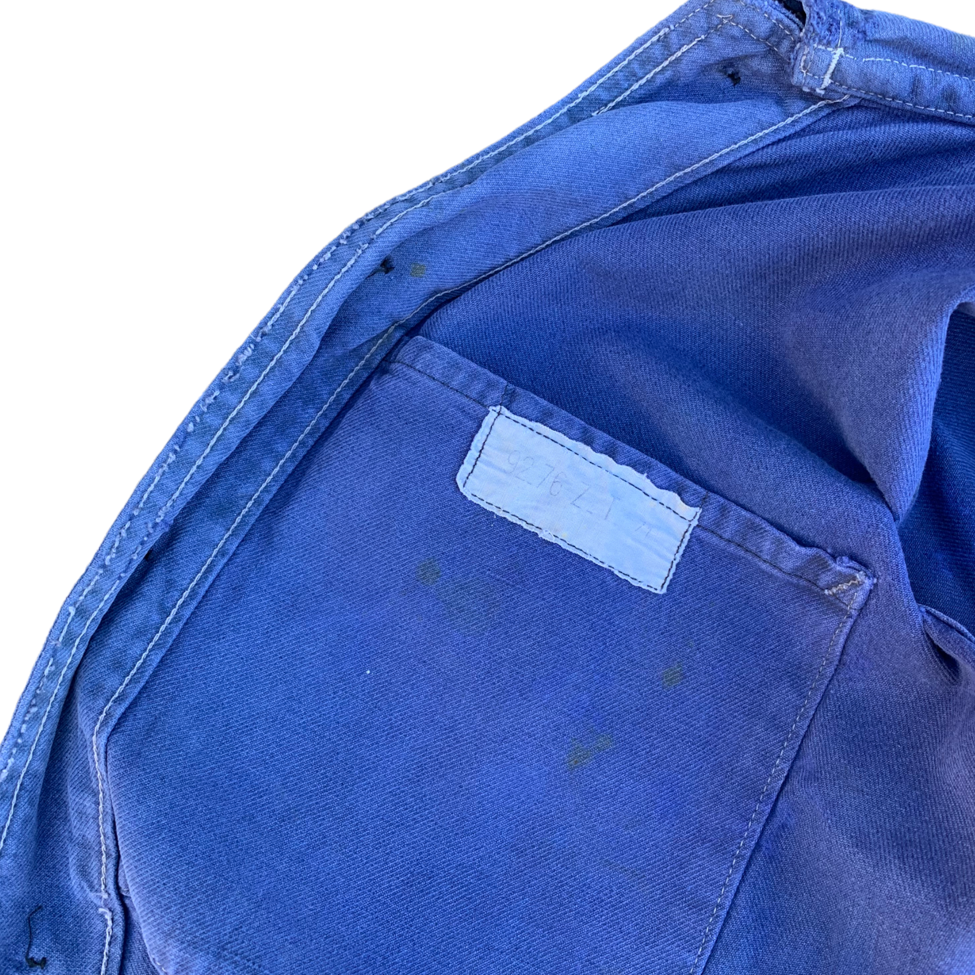 1950s Distressed French Moleskin Work Jacket w/ Contrast Stitching - Faded Blue - L