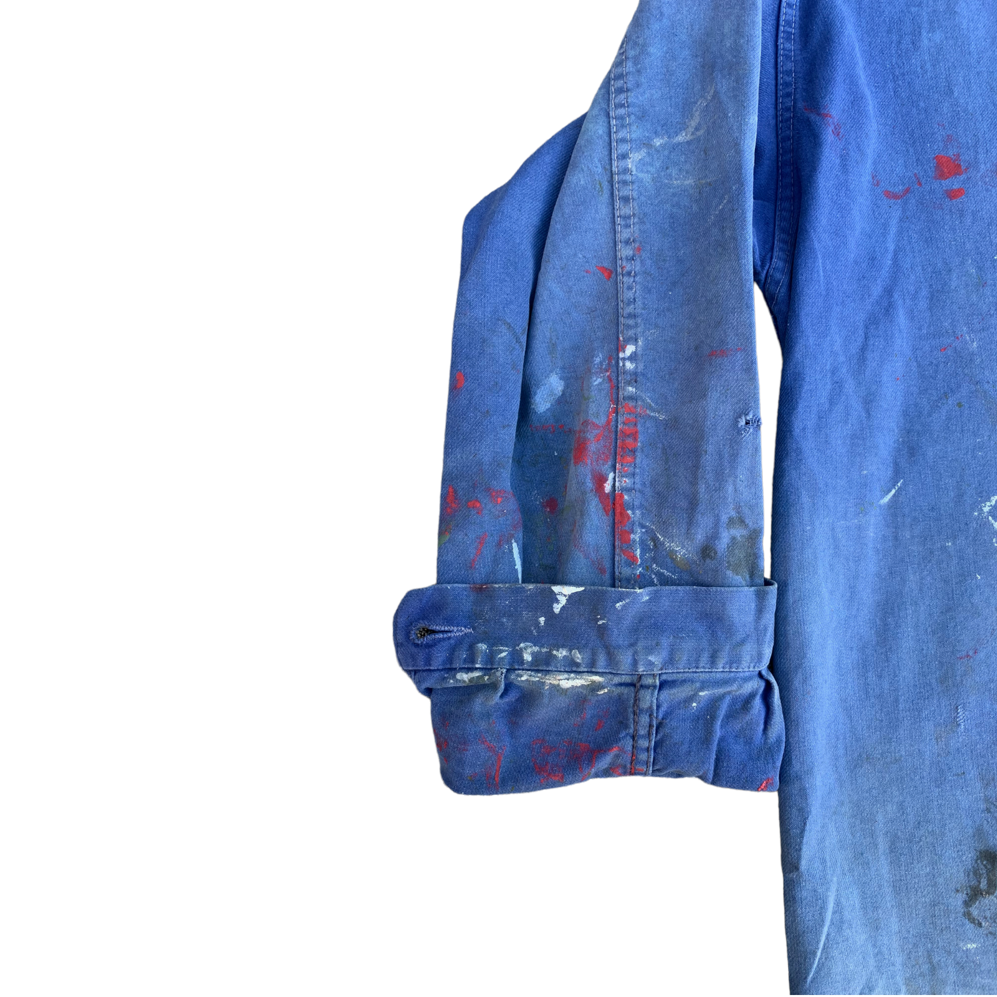 1970s French Work Jacket with Metal Buttons, Embroidered Logo, and Paint Distressing - Faded Blue - L/XL