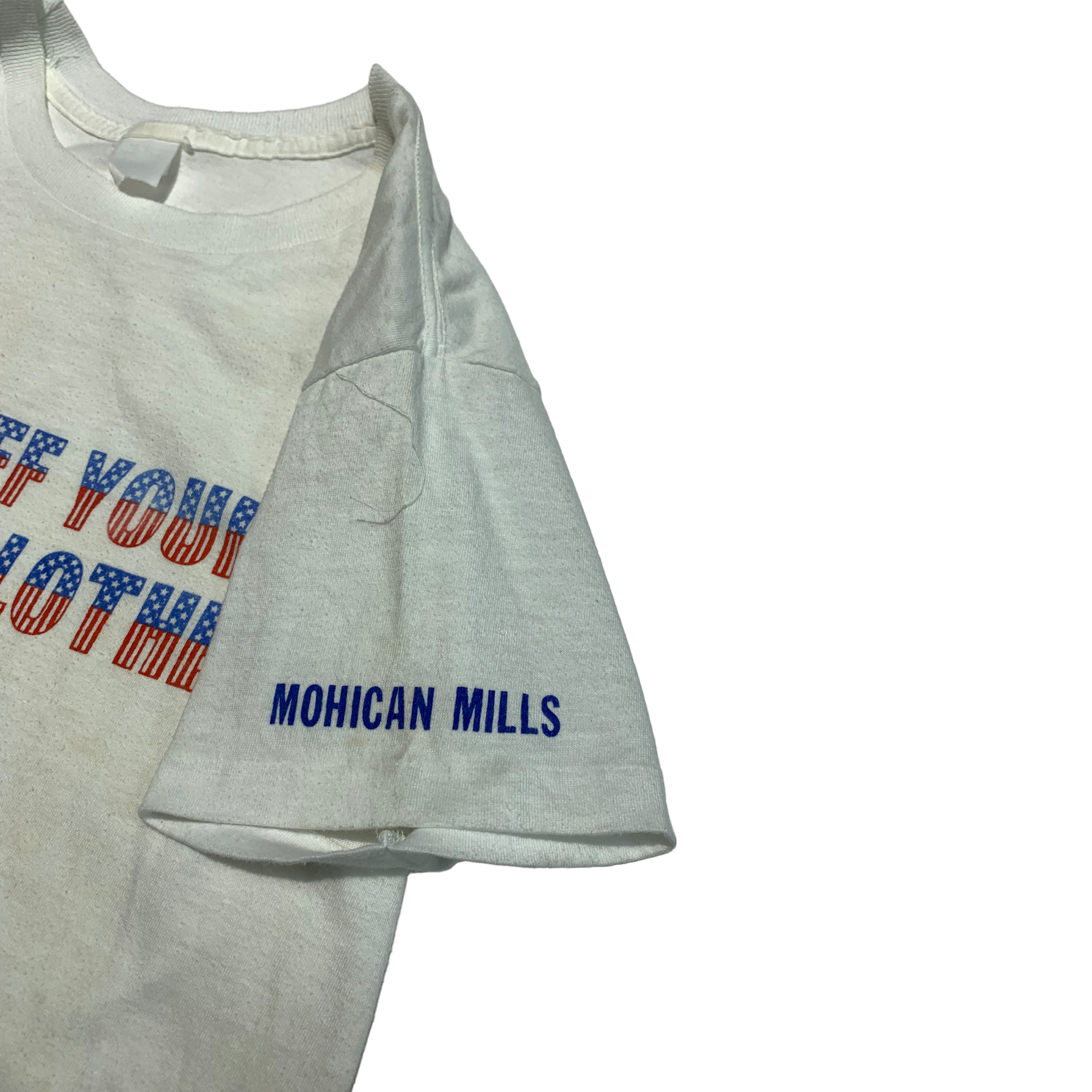 ‘Take Off Your Foreign Clothes’ 80s Textile Industry T-Shirt - Aged White - XS/S