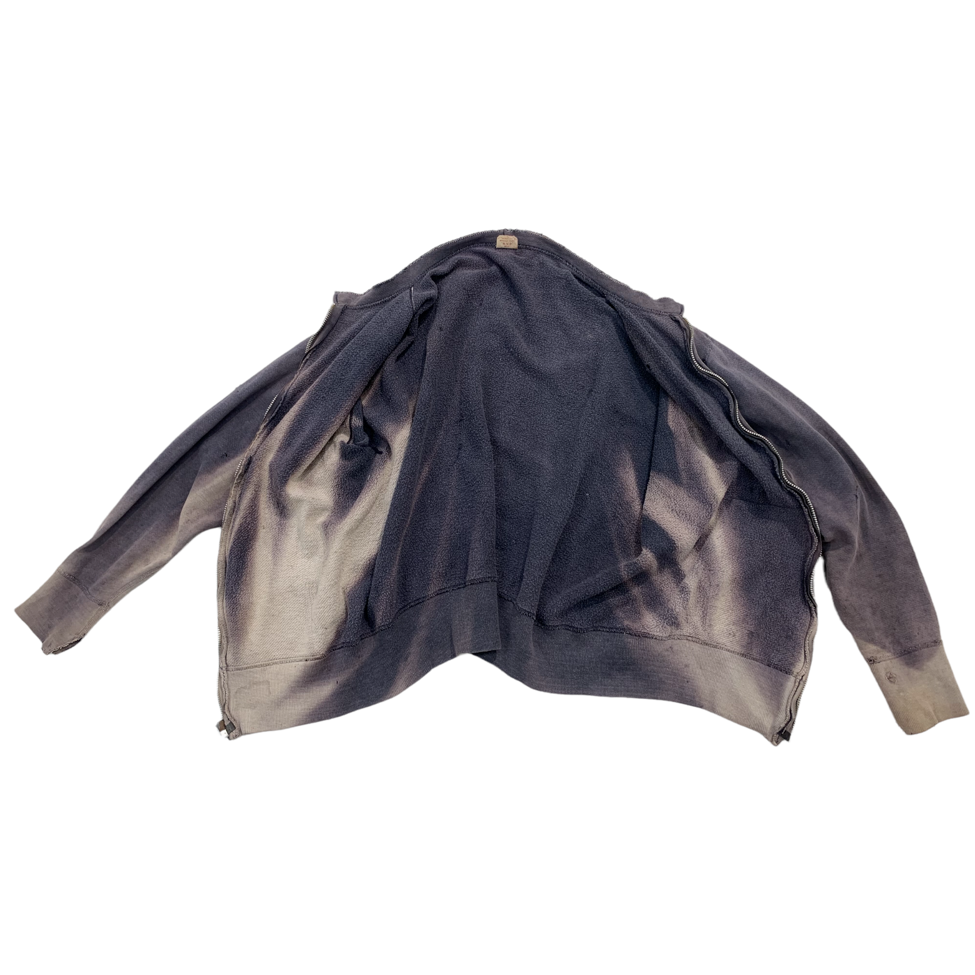1960s BVD Sun Bleached and Distressed Cut Collar Zip Sweatshirt - Faded Navy - XS/S