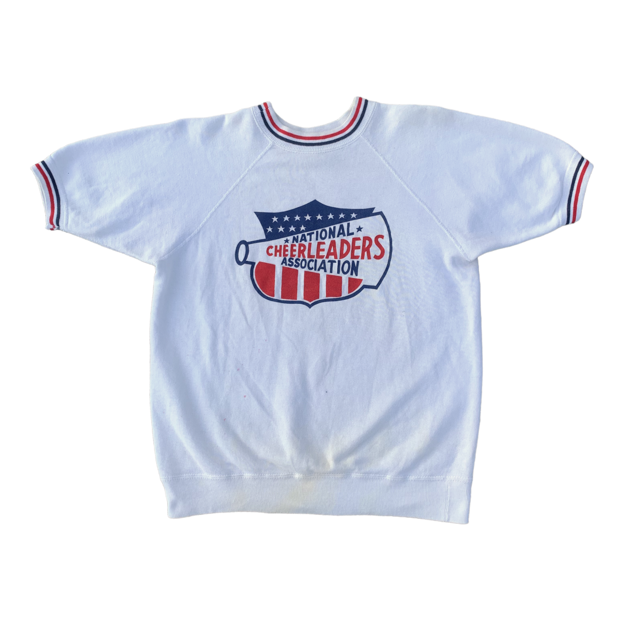 1960s Cheerleader Short-Sleeve Crewneck with Tricolor Cuffs - White, Red & Blue - S