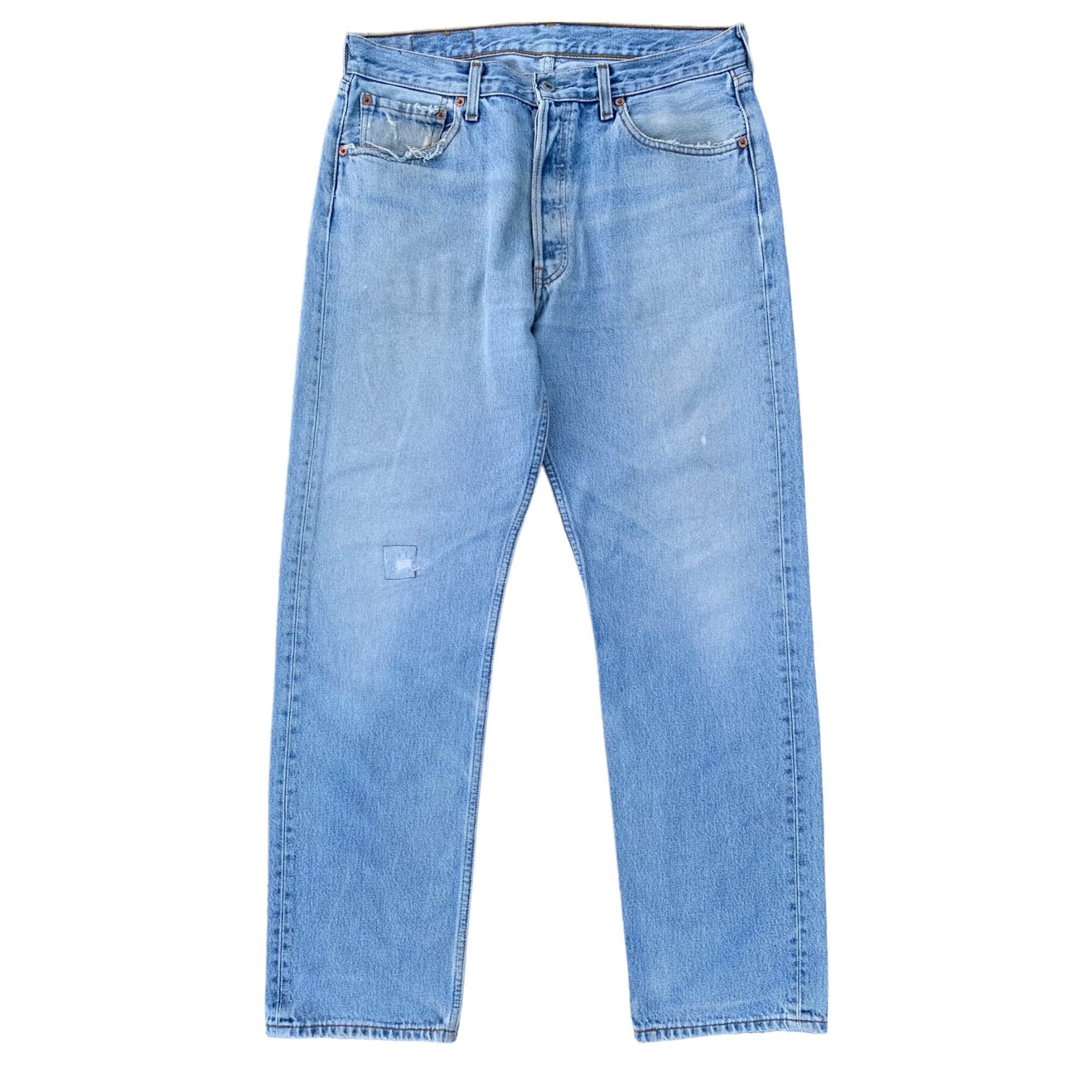 Made in USA Levi's 501 Worn-in, Repaired Denim - Light Wash Blue